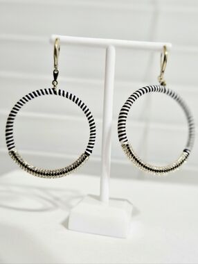 Premier Designs Blue and White Striped Hoop Earrings with Gold Rhinestones